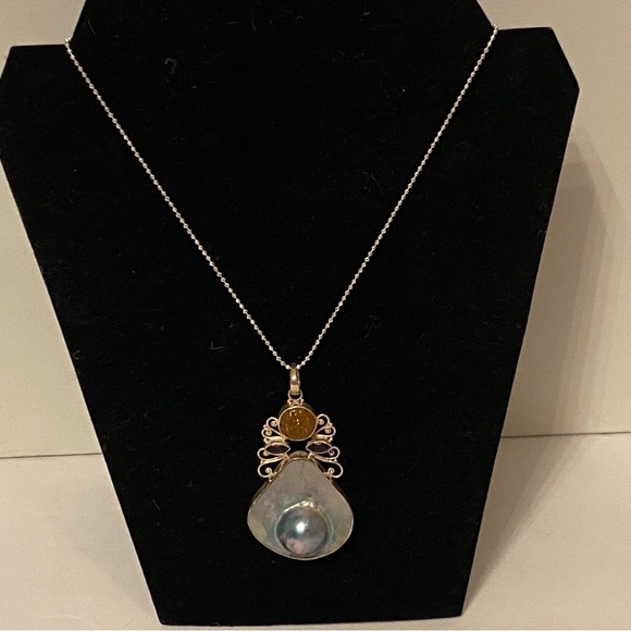 NECKLACE AGI STERLING SILVER BALL CHAIN 20” MABE BLISTER PEARL DRUZY ENHANCER - Picture 3 of 11